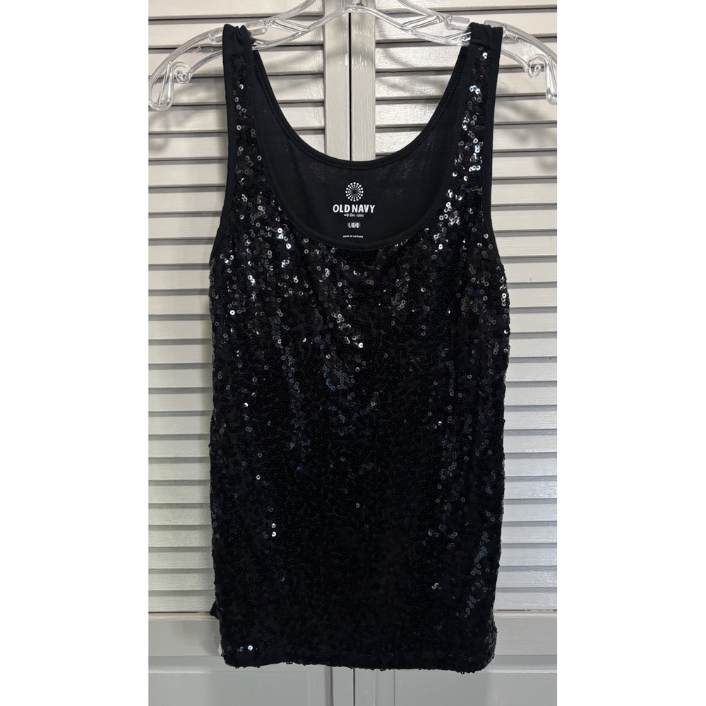Old Navy Black Sequins Tank Top Size L‎ Scoop Mixed Materials